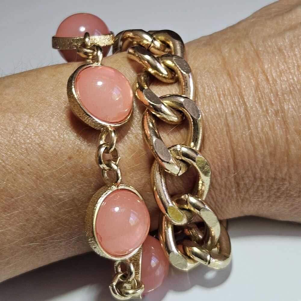 Gold Tone Thick Chunky Chain Pink Bracelet 6.75-8"
